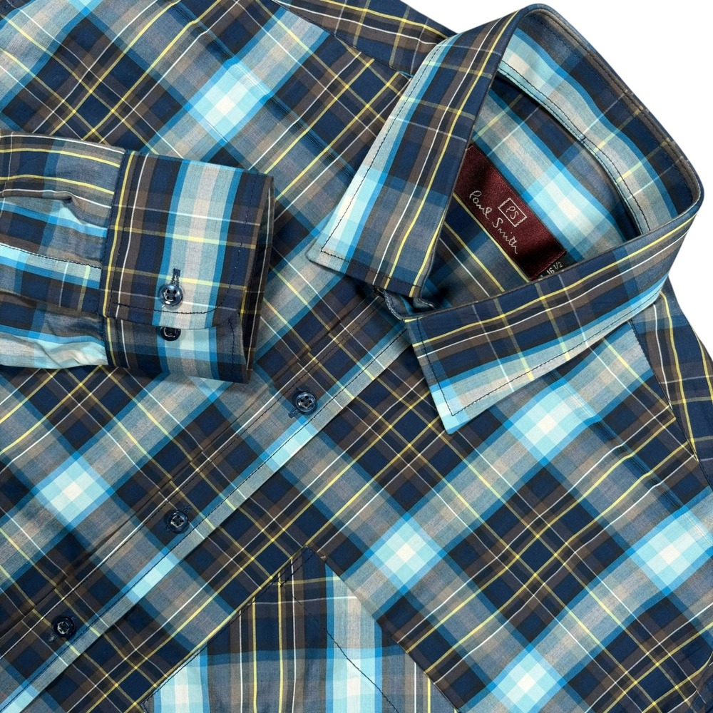 Paul Smith Plaid Button Up Shirt Mens L 16.5 Blue Long Sleeve Cotton Pocket